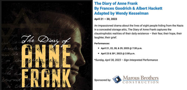 The Diary of Anne Frank opens in Willoughby on April 21st at The Fine Arts Association
